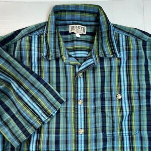 Duluth Trading Co Plaid Short Sleeve Button Up Shirt Mens XL Tall Blue Green